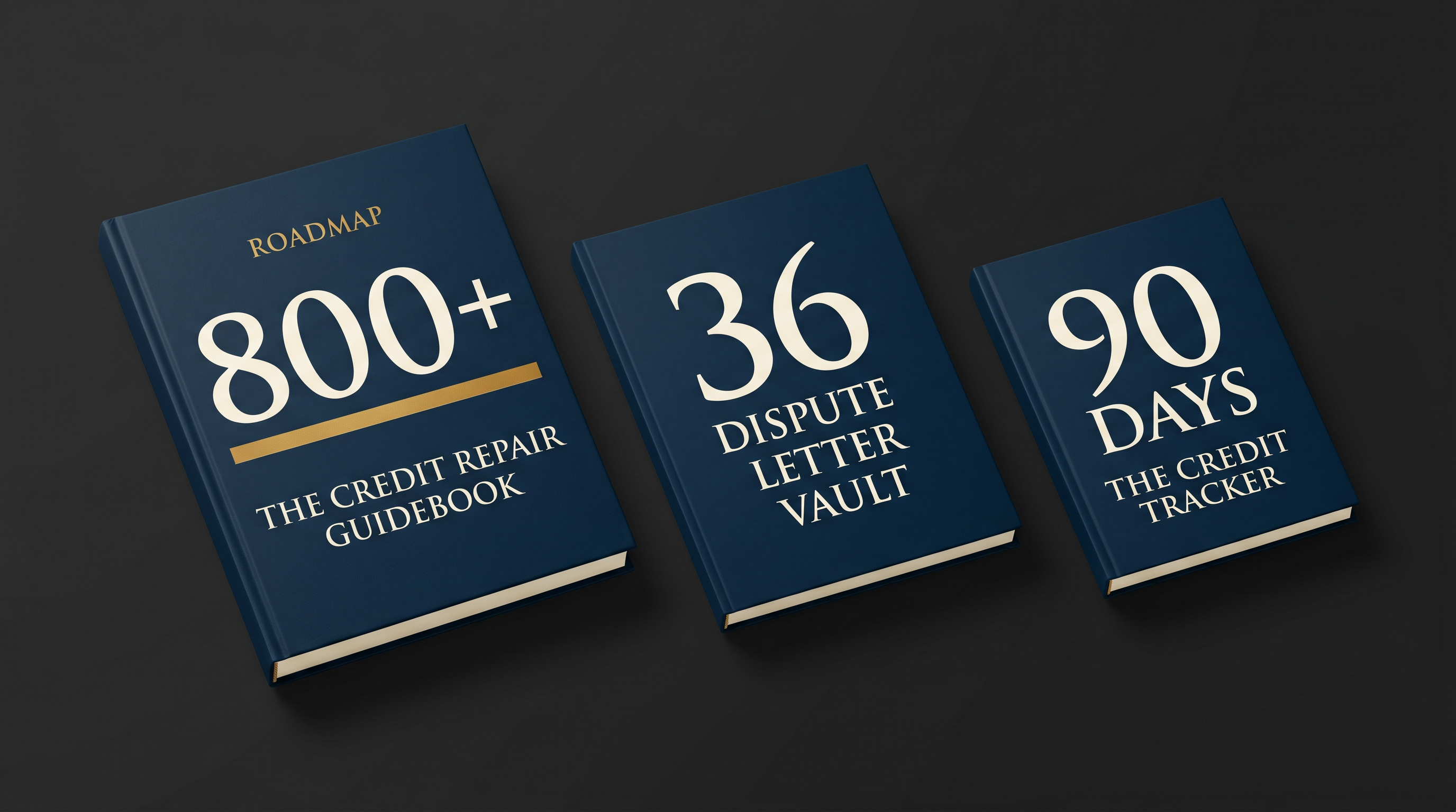 Roadmap to 800+ — three PDF covers: the 61-page Guidebook, the 36-letter Dispute Vault, and the 96-page 90-Day Tracker.